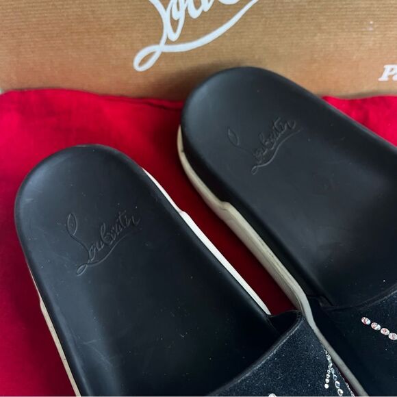 CHRISTIAN LOUBOUTIN SUEDE black Diamanté Crystal Slides Sandals Sz. 37 - Picture 3 of 9